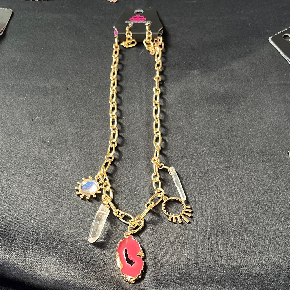 Paparazzi Gold Necklace with Red and Blue Accents